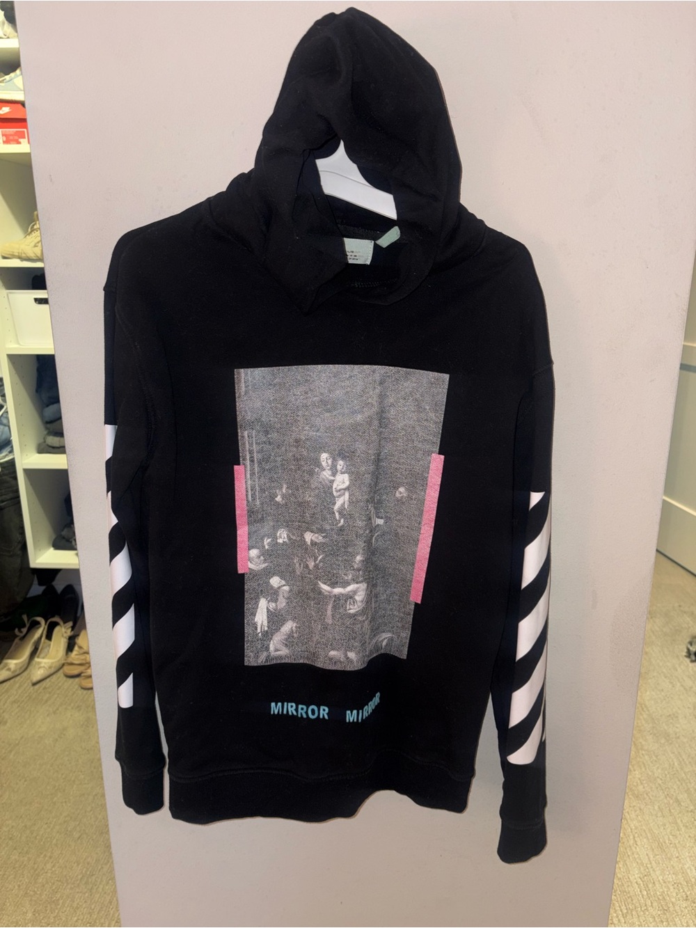 Off-White Black Graphic Hooded Sweatshirt with Pink Accents